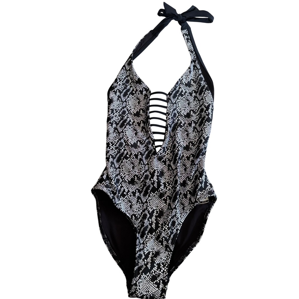 Swim Systems Solana Plunge Womens XS Black White Snake Print Halter One Piece